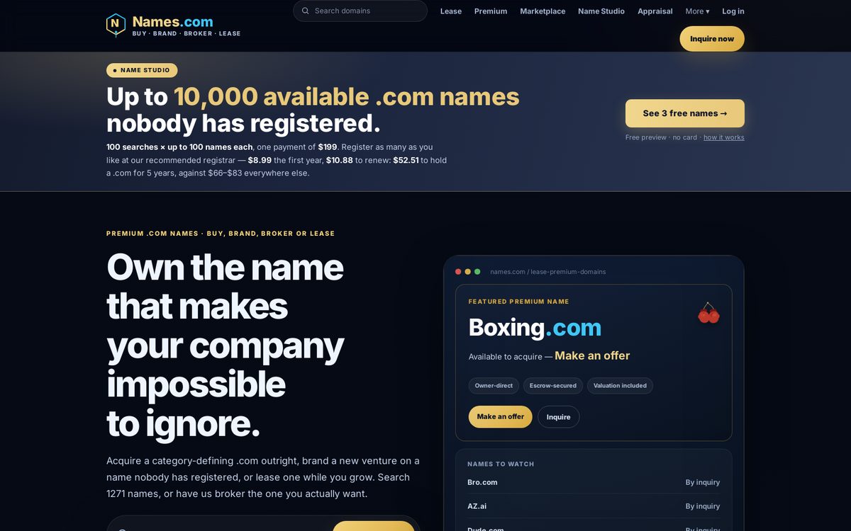 Names.com website preview